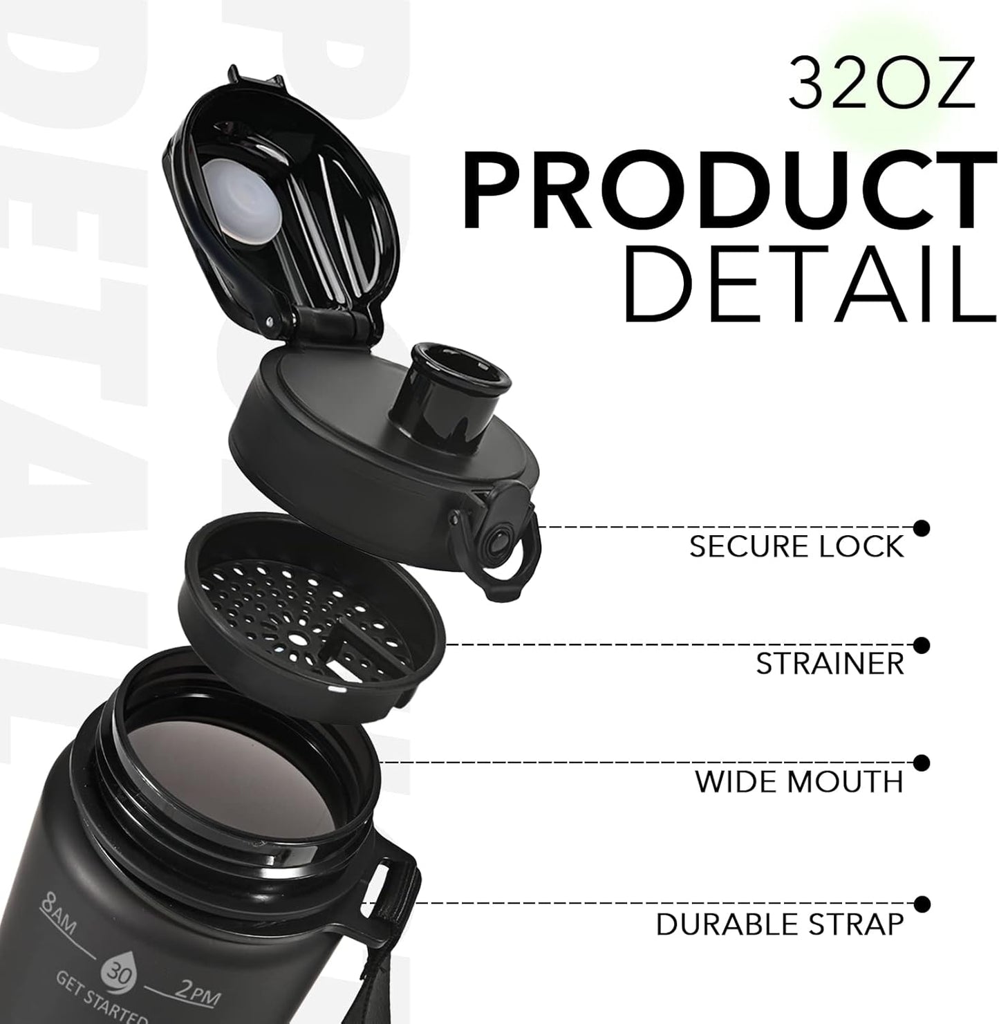 32oz Water Bottle with Time Marker, Motivational Drinking Bottle with Strap, BPA-Free Leak-Proof, Encouraging Water Bottle Time to Drink Water for Gym School Office Travel