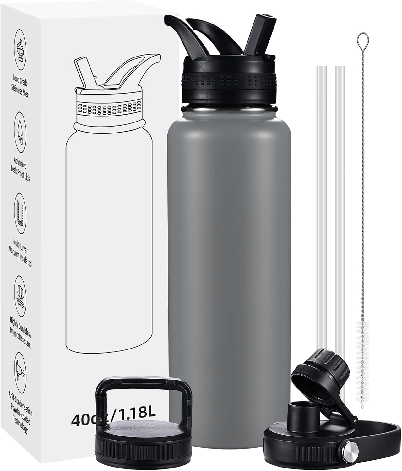Insulated Water Bottles with Straw 40 oz Leak Proof, Vacuum Insulated Stainless Steel Sport Tumbler with 3 Lids Straw, Spout and Handle Lid for Sports, Gym or Office,Hot Pink
