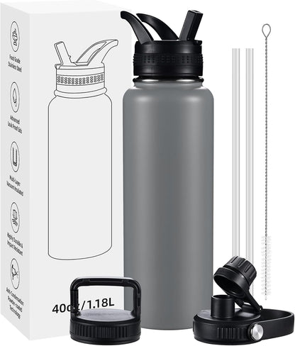 Insulated Water Bottles with Straw 40 oz Leak Proof, Vacuum Insulated Stainless Steel Sport Tumbler with 3 Lids Straw, Spout and Handle Lid for Sports, Gym or Office,Hot Pink