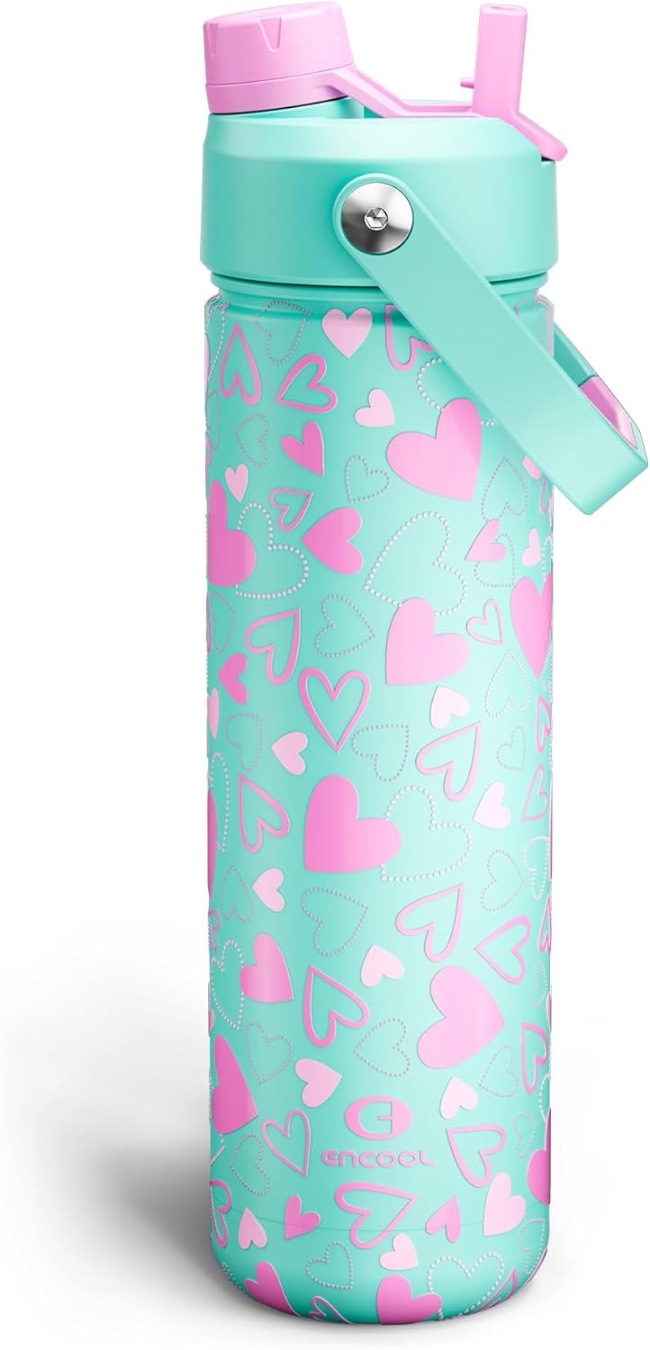 ENCOOL Insulated Water Bottle with Straw Stainless Steel Water Bottle, Leak-Proof, BPA-Free, Double Wall Vacuum Keeps Cold for 24 Hours for Sports, Travel, School (26 oz, Cotton Candy) - Colors C