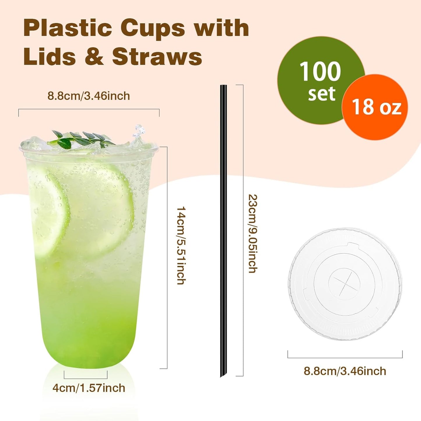 tchrules 100 Set 16oz Plastic Cups with Lids and Straws, Disposable Clear Iced Coffee Cup with Lid, Round Bottom Plastic To Go Cups for Cold Drinks Slushie Smoothie Lemonade Matcha Party Shop Supplies
