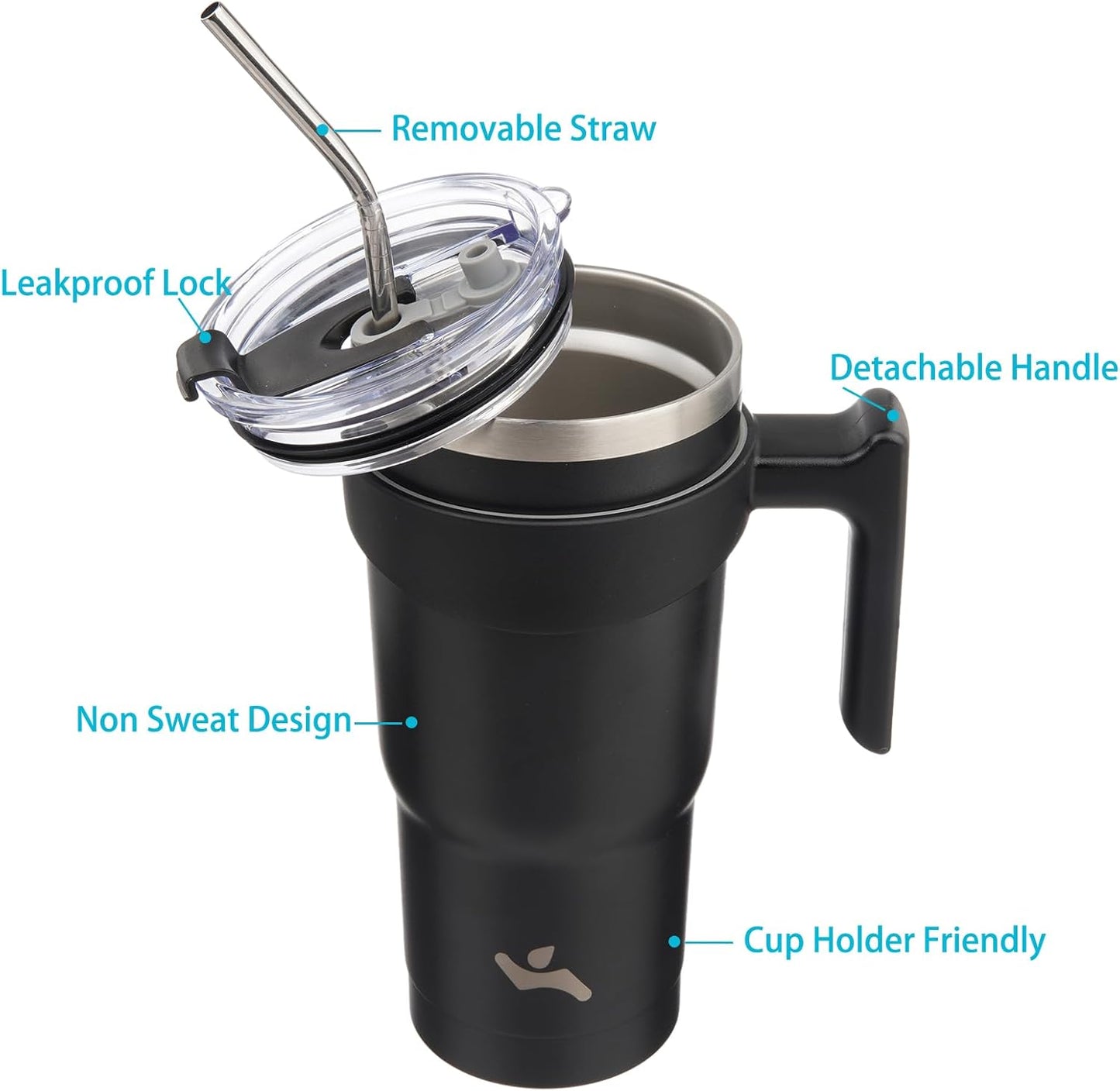 Konokyo 20 oz Tumbler with Handle and 2 Straw 2 Lid, Insulated Water Bottle Stainless Steel Vacuum Cup Reusable Travel Mug,Black