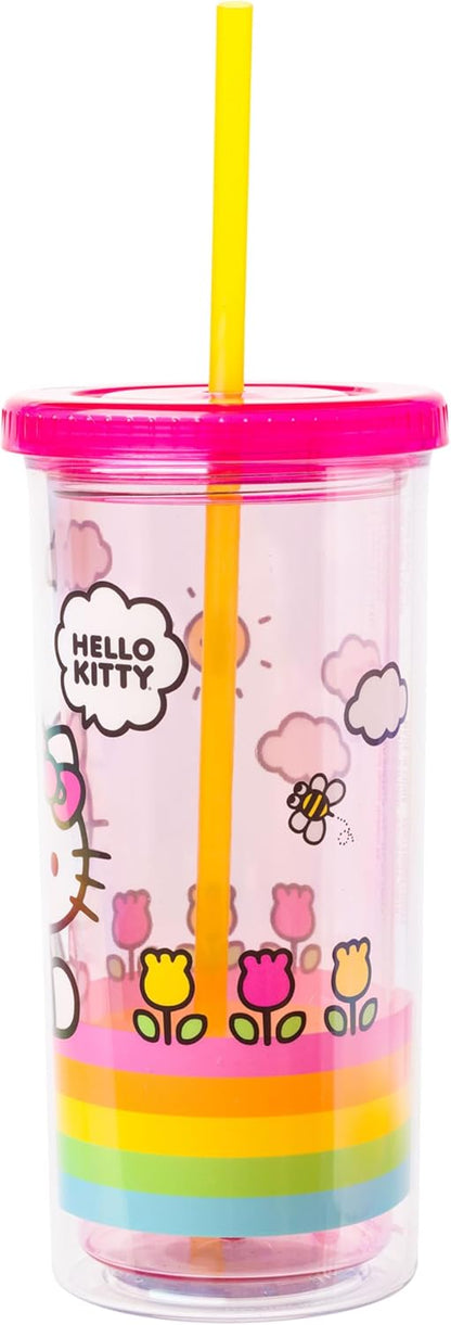 Silver Buffalo Sanrio Hello Kitty Milk Carton Pattern Plastic Boba Tumbler w Lid and Wide Straw, 24 Ounces