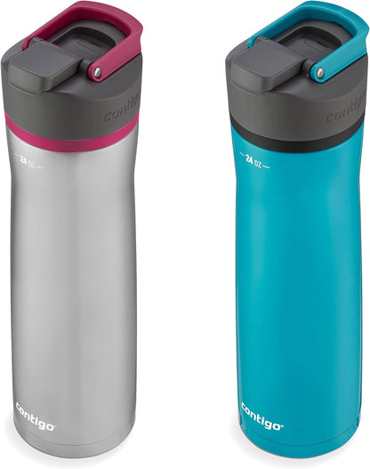 Contigo Cortland Chill 2.0 Vacuum-Insulated Stainless Steel Water Bottle, Spill-Proof Sip Technology, Interchangeable Lid, 24oz, Steel/Licorice, Perfect for Fitness Travel Everyday Use