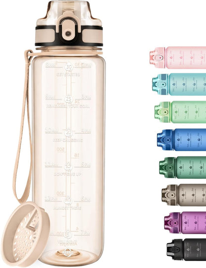 32oz Water Bottle with Time Marker, Motivational Drinking Bottle with Strap, BPA-Free Leak-Proof, Encouraging Water Bottle Time to Drink Water for Gym School Office Travel