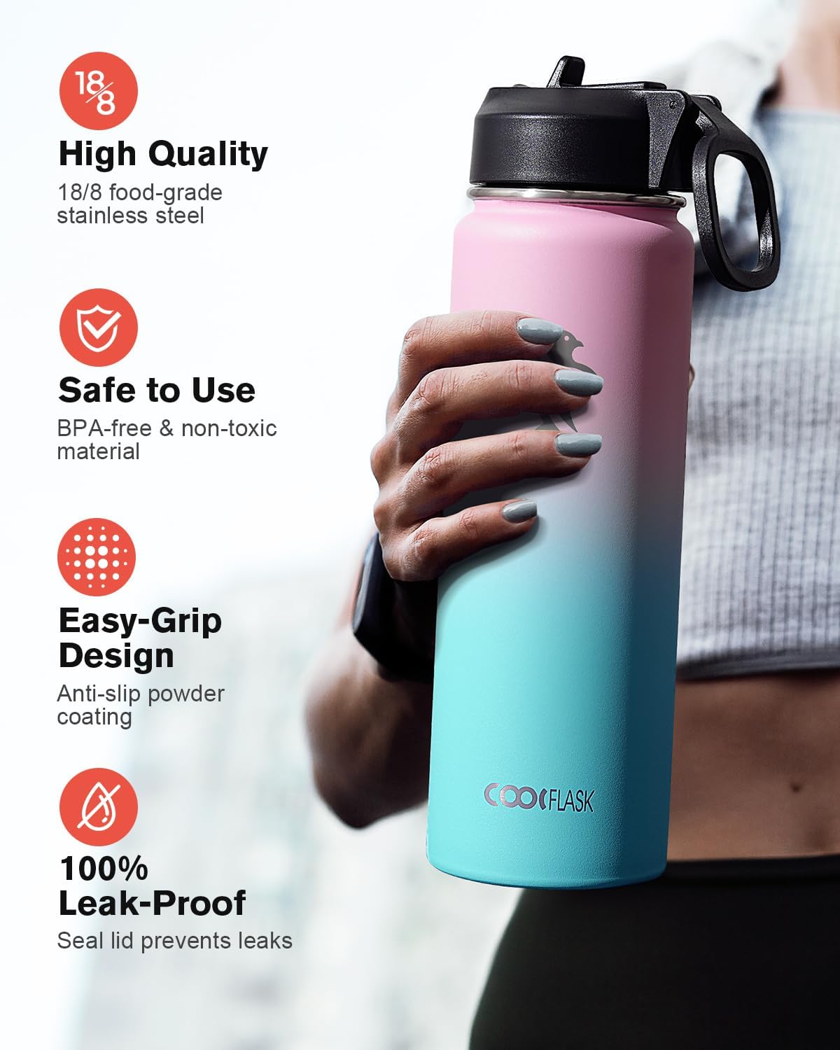Half Gallon Water Bottle Insulated with Straw & 3 Lids, Coolflask 64 oz Water Jug Large Metal Stainless Steel Wide Mouth for Sports, Gym or Office, Non-BPA Keep Cold 48H Hot 24H, Samurai Cyan