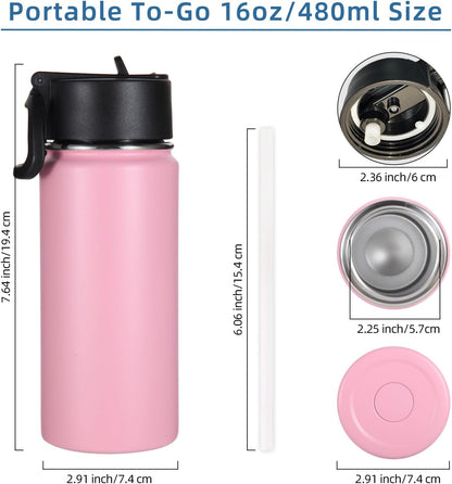Volhoply 16 OZ Kids Water Bottle Bulk 8 Pack,Insulated Sports Bottles with Straw Lid,Stainless Steel Bottle with Handle Keep Cold & Hot,Double Wall Vacuum Tumbler Cups for School(Eight Color, 8)