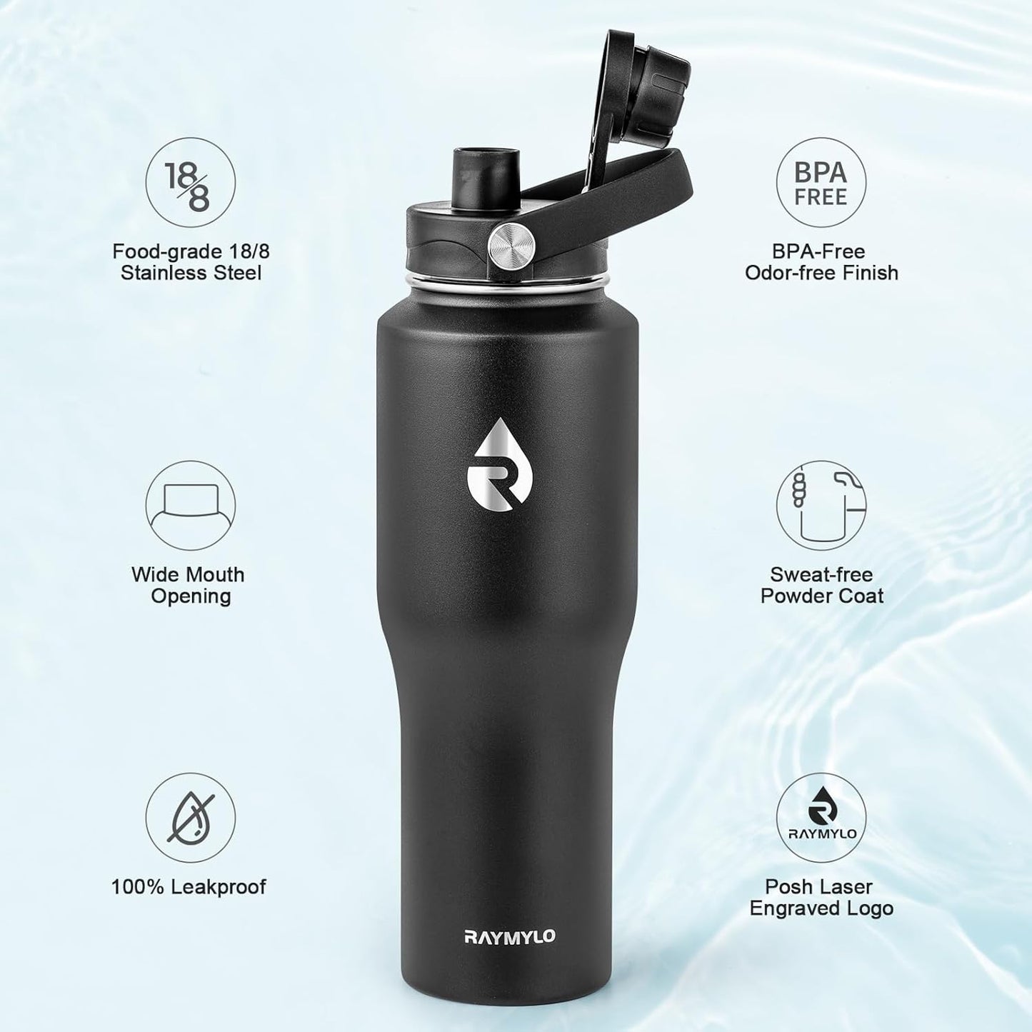 RAYMYLO 40 oz Insulated Water Bottle with Straw fit in Car Cup Holder, Triple Wall Vacuum Stainless Steel(Cold 48 hrs, Hot 24 hrs), Leakproof & Non-BPA, Hydro Travel Flask with Straw and Spout Lid