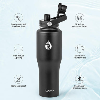 RAYMYLO 40 oz Insulated Water Bottle with Straw fit in Car Cup Holder, Triple Wall Vacuum Stainless Steel(Cold 48 hrs, Hot 24 hrs), Leakproof & Non-BPA, Hydro Travel Flask with Straw and Spout Lid