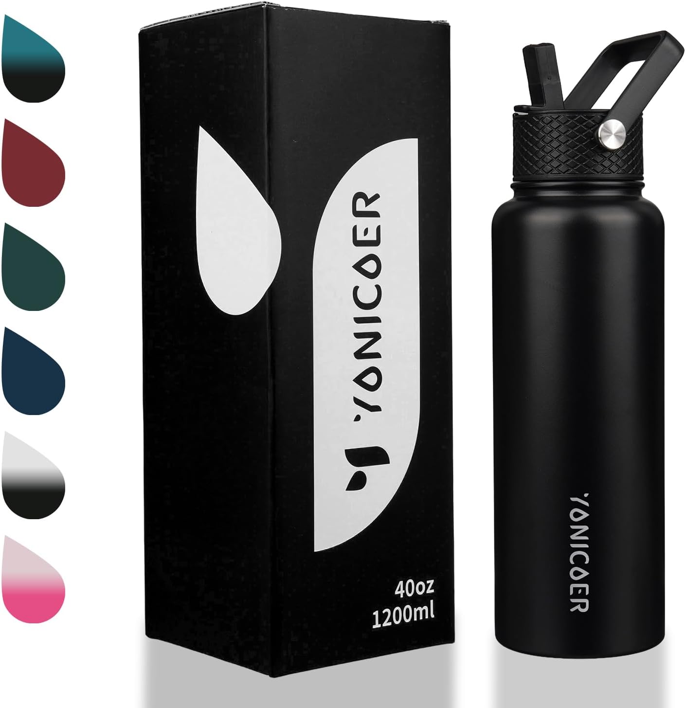 Insulated Water Bottle 40oz,Triple Wall Vacuum Stainless Steel(Dishwasher Safe),Leak Proof & Non-BPA,Flask Jug with Paracord Handle & Straw Spout Lids Sports Cherry Blossom