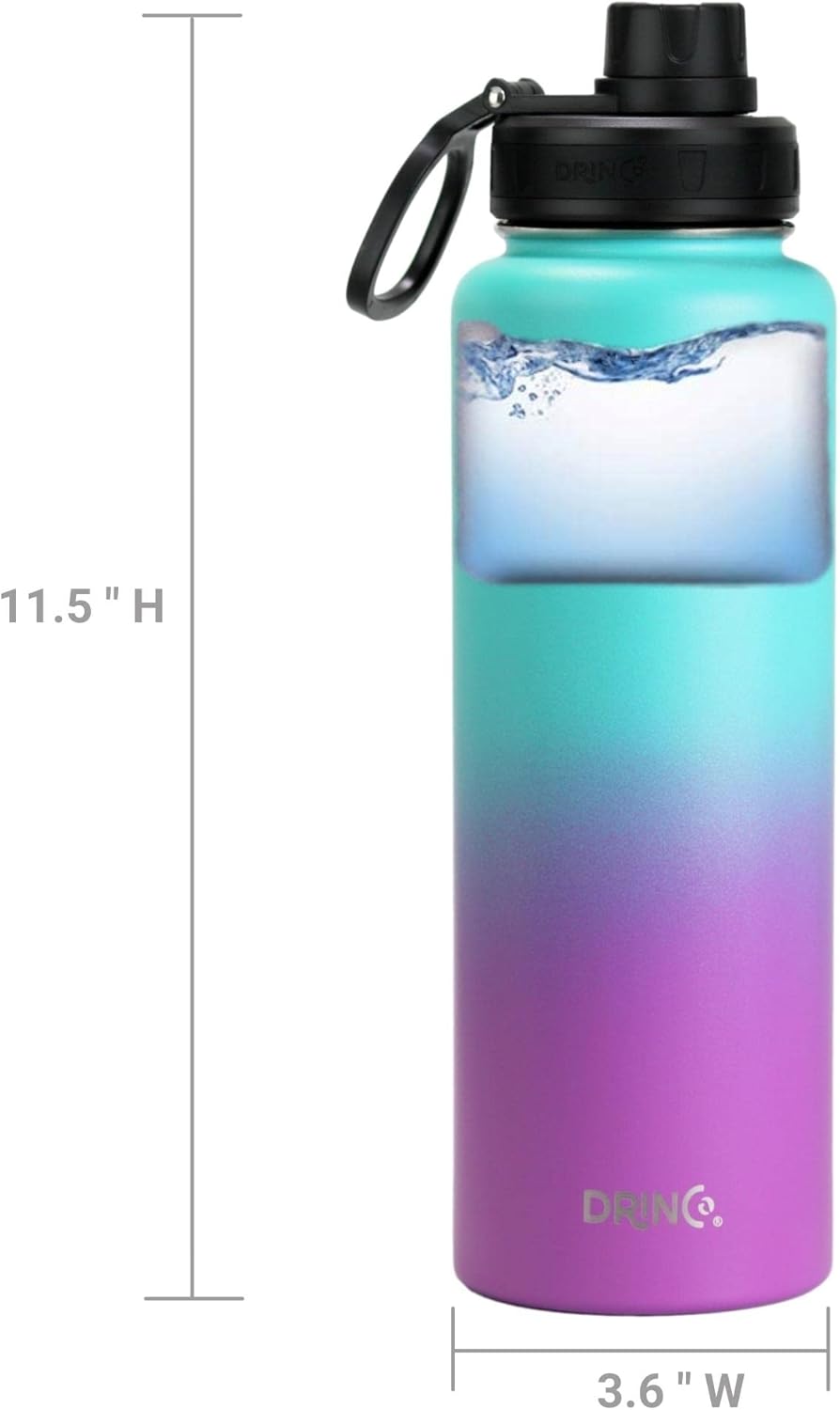 Drinco Stainless Steel Water Bottle Spout Lid Vacuum Insulated Double Wall Water Bottle Wide Mouth (40oz 32oz 22oz 18oz 14oz) Leak Proof Keep Cold Sport Camping Hiking (22 oz, 22oz Black)