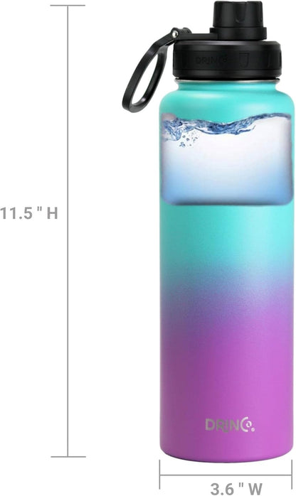 Drinco Stainless Steel Water Bottle Spout Lid Vacuum Insulated Double Wall Water Bottle Wide Mouth (40oz 32oz 22oz 18oz 14oz) Leak Proof Keep Cold Sport Camping Hiking (22 oz, 22oz Black)