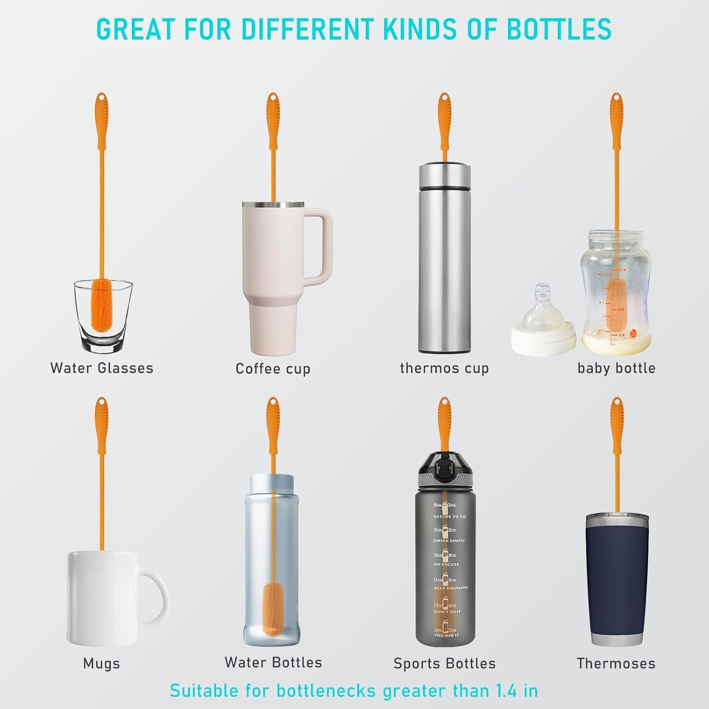 Silicone Bottle Cleaning Brush with Long Handle, 12.5" Water Bottle Cleaner for Baby Bottles, Hydro Flask, Sports Bottle, Vase, Glassware, Perfect for Smaller Diameter Bottle Openings (One Pack)