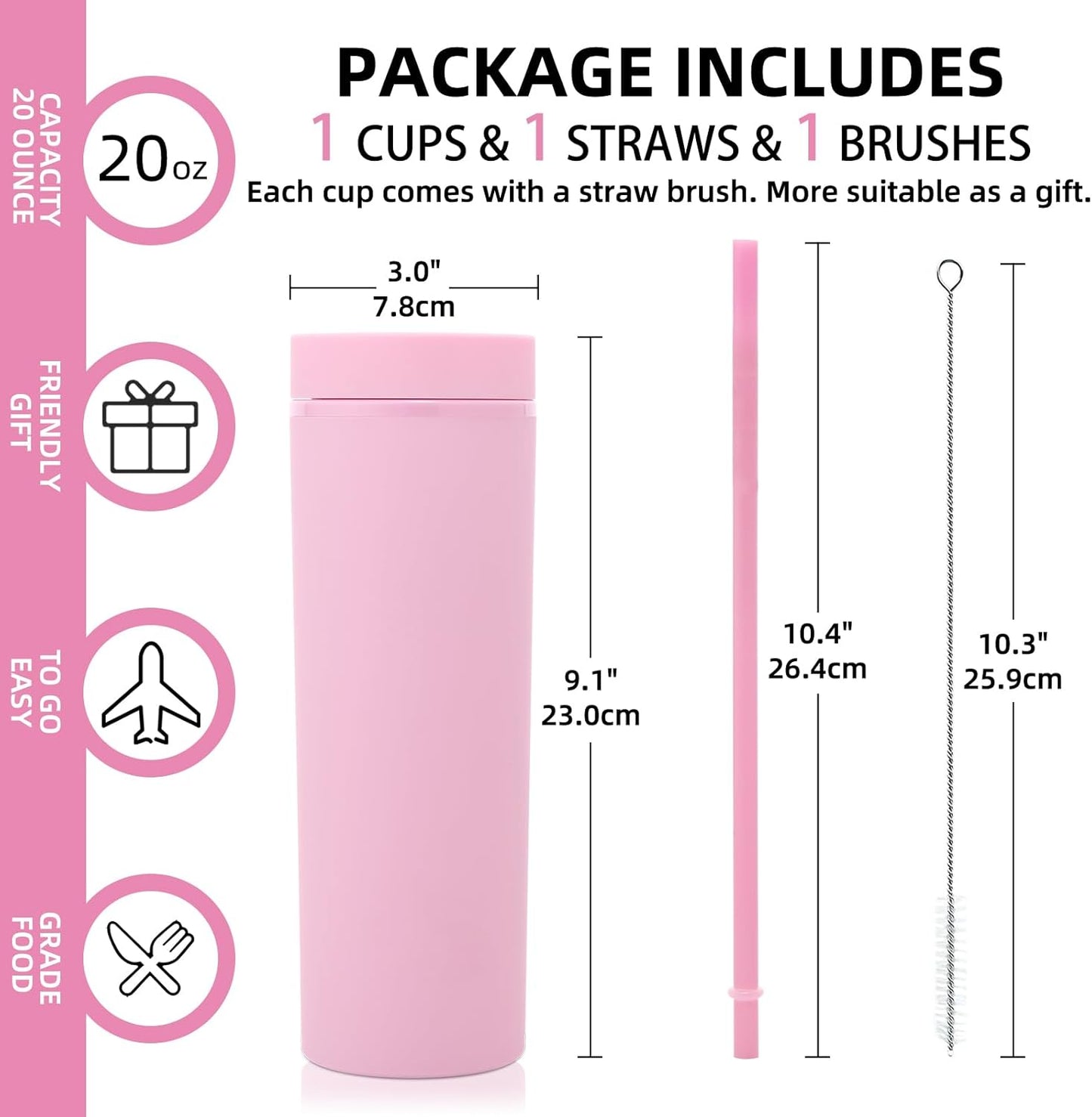 Volhoply 20oz Plastic Skinny Tumbler,Double Wall Tumblers with Lid and Straw,Reusable Travel Iced Coffee Mug,BPA Free Matte Acrylic Water Cups With Straw for Parties,DIY Gifts(Clear,1 Set)