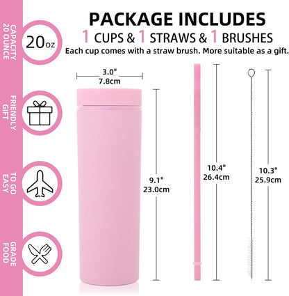 Volhoply 20oz Plastic Skinny Tumbler,Double Wall Tumblers with Lid and Straw,Reusable Travel Iced Coffee Mug,BPA Free Matte Acrylic Water Cups With Straw for Parties,DIY Gifts(Clear,1 Set)