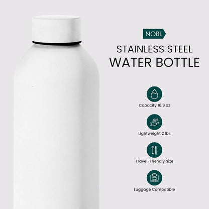 NOBL Stainless Steel Water Bottle,17 oz, 500 ml, Double Wall Vacuum Insulation, Sealed Bottle Keeps Drinks Cold 24 Hrs & Hot 12 Hrs, Leak Proof, Fits Noble Carry-On Cup Holder - Sand