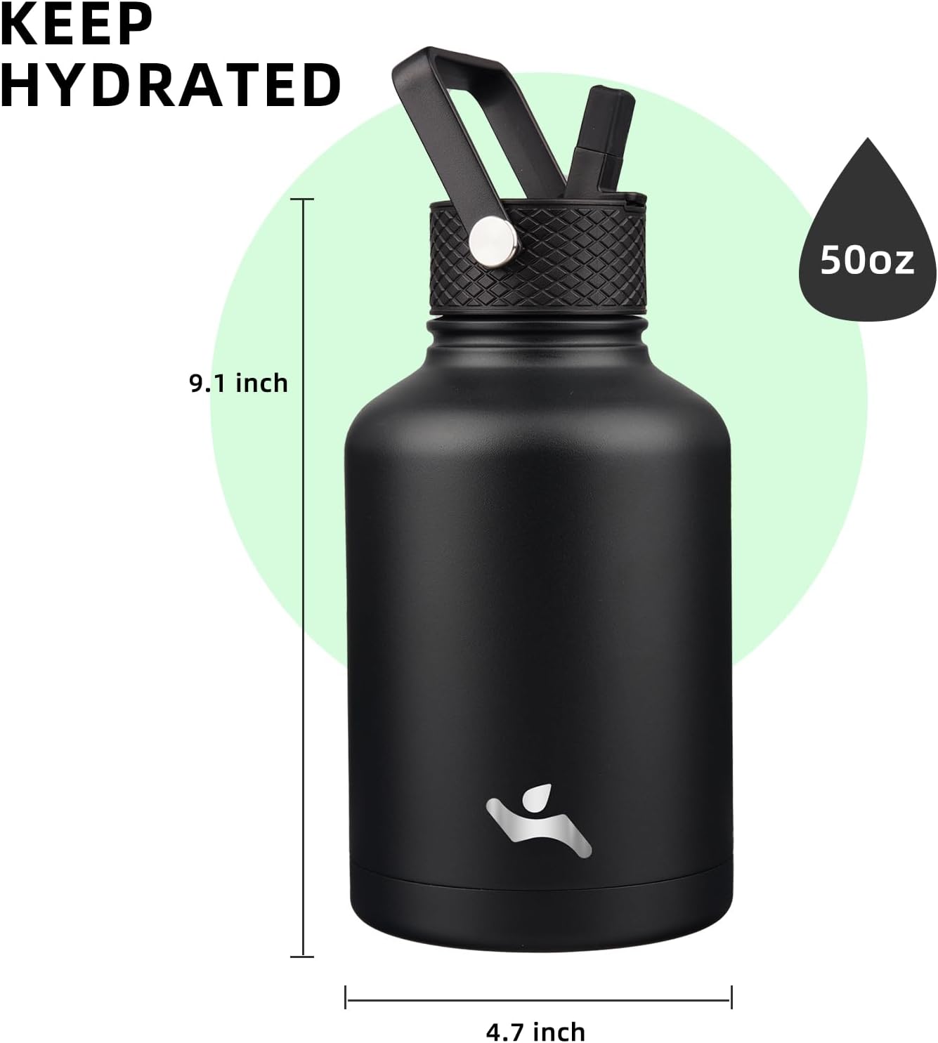 Konokyo 22oz Stainless Steel Bottles with 3 Lids Sport Insulated Water Bottle,Mint