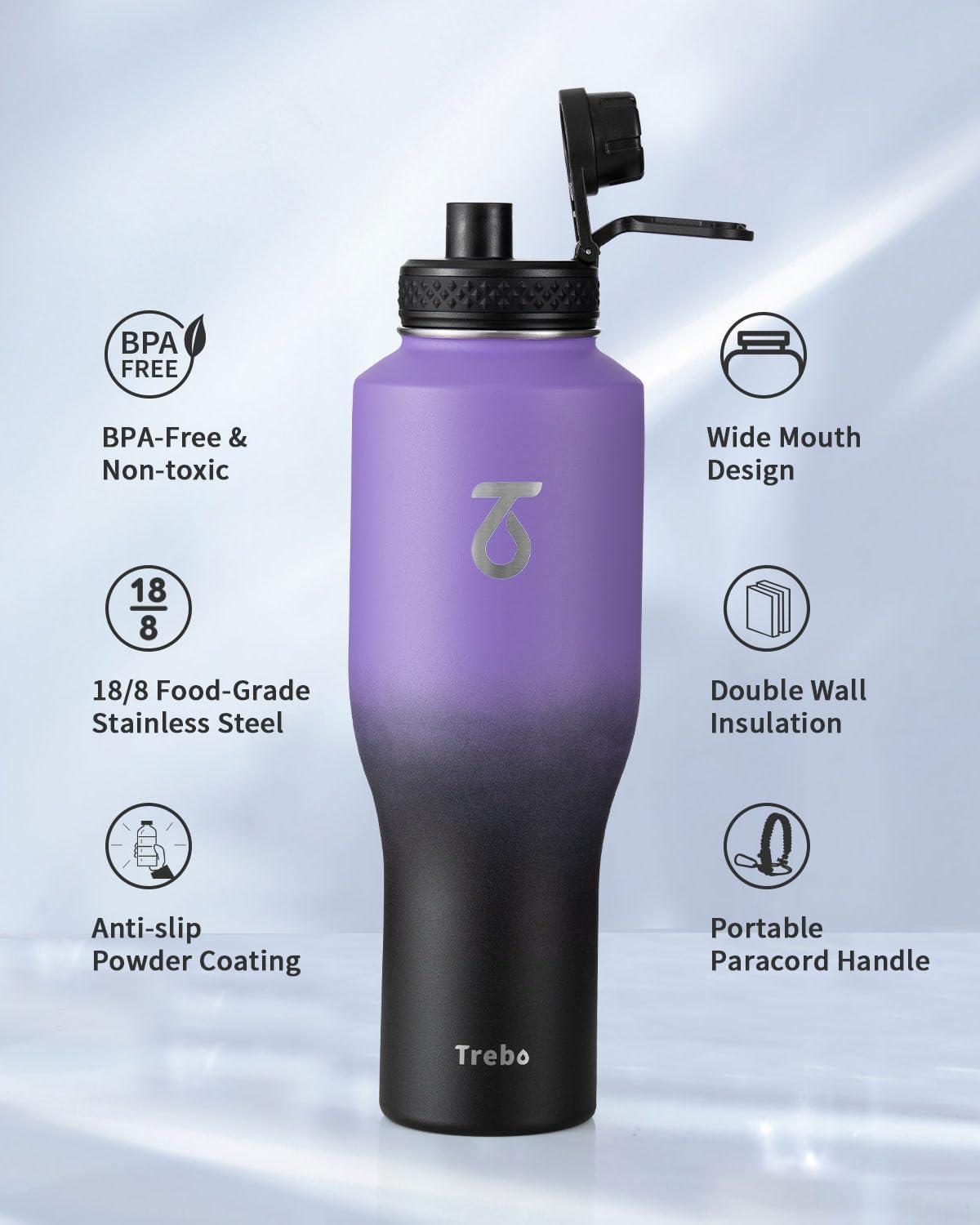 Trebo 40 oz Water Bottle Insulated Fit Car Cup Holder with Handle, Stainless Steel Water Bottles Tumbler with Spout Straw Lids, Double Wall Travel Reusable Flask, Leakproof Mug,Keep Cold &Hot,Black