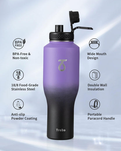 Trebo 40 oz Water Bottle Insulated Fit Car Cup Holder with Handle, Stainless Steel Water Bottles Tumbler with Spout Straw Lids, Double Wall Travel Reusable Flask, Leakproof Mug,Keep Cold &Hot,Black