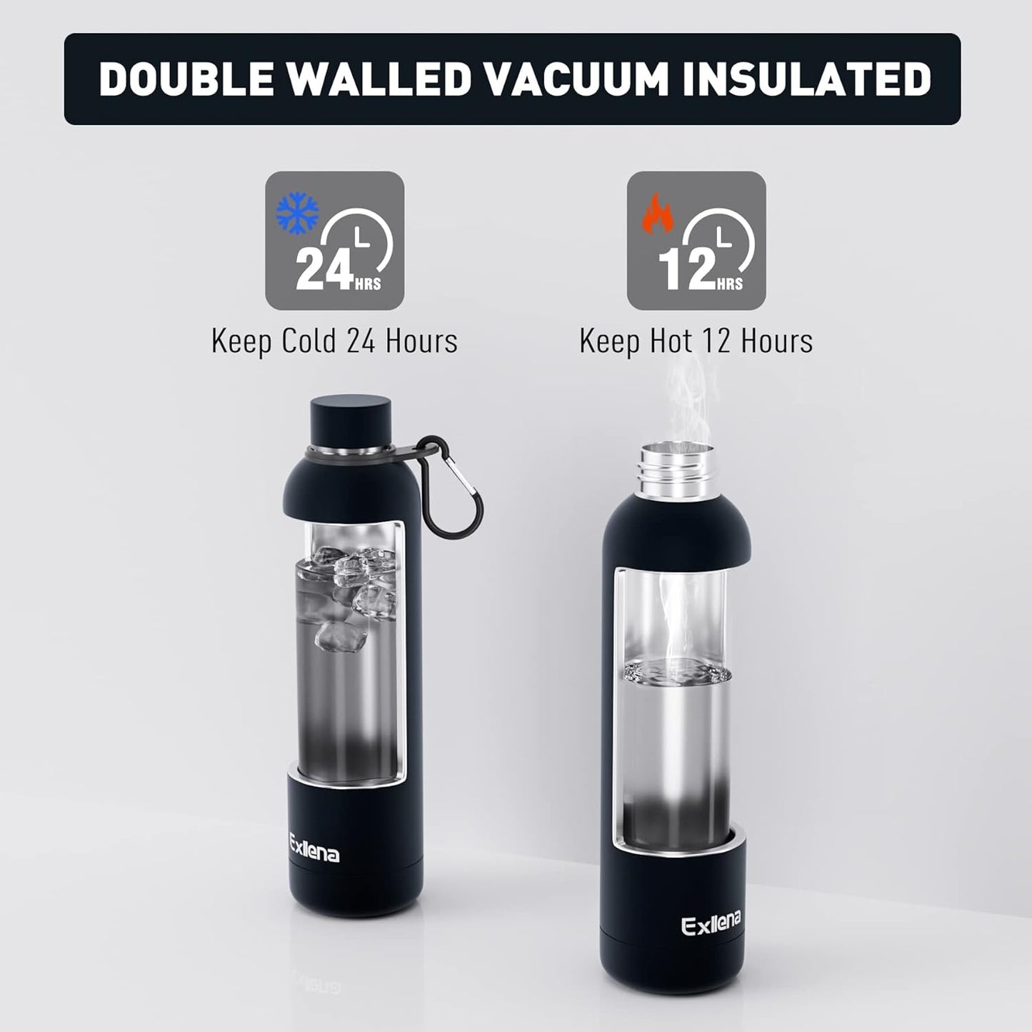 Exllena Slim Insulated Water Bottles for Travel 18oz with Clip, Double Wall Vacuum Stainless Steel Water Bottle Keeps Drinks Cold 24 Hrs/Hot 12 Hrs, 100% Leakproof, BPA Free(Black)