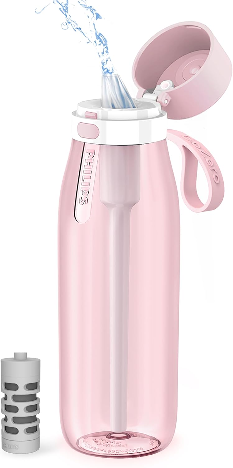 PHILIPS Filtered Water Bottle, BPA-Free Tritan Plastic Water Bottles, Replaces 450 Plastic Water Bottle with Reusable GoZero Everyday Water Filter, Portable Filtering Bottle for Travel, 22 oz, Green