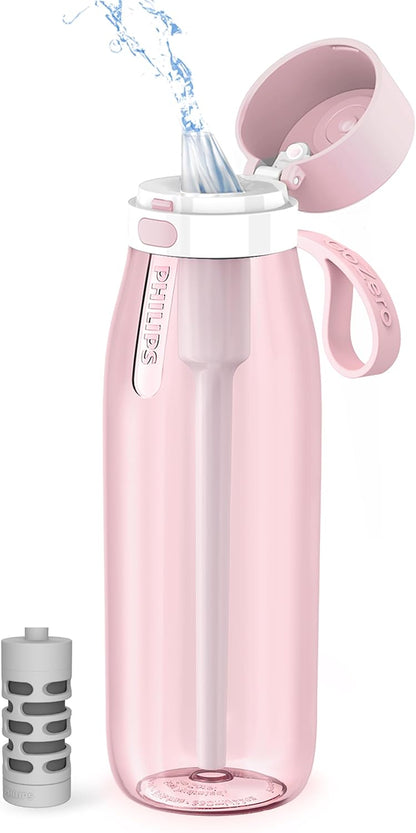 PHILIPS Filtered Water Bottle, BPA-Free Tritan Plastic Water Bottles, Replaces 450 Plastic Water Bottle with Reusable GoZero Everyday Water Filter, Portable Filtering Bottle for Travel, 22 oz, Green