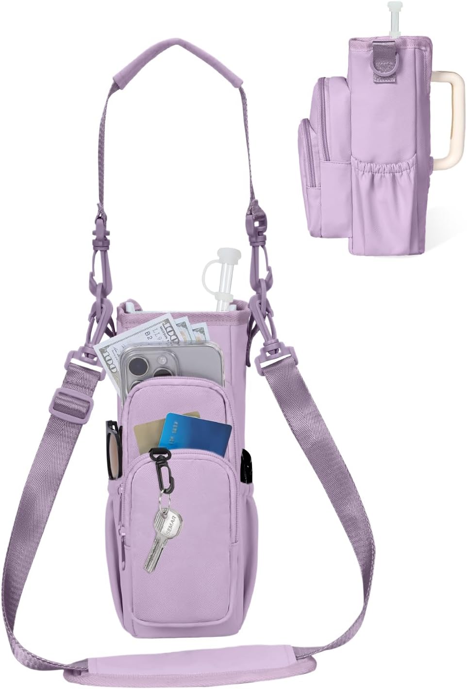 sportsnew Water Bottle Carrier Bag with Phone Pocket for 30oz 40oz Tumbler with Handle Accessories Insulated Water Bottle Holder Pouch with Strap Crossbody with Straw Cover