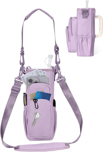 sportsnew Water Bottle Carrier Bag with Phone Pocket for 30oz 40oz Tumbler with Handle Accessories Insulated Water Bottle Holder Pouch with Strap Crossbody with Straw Cover