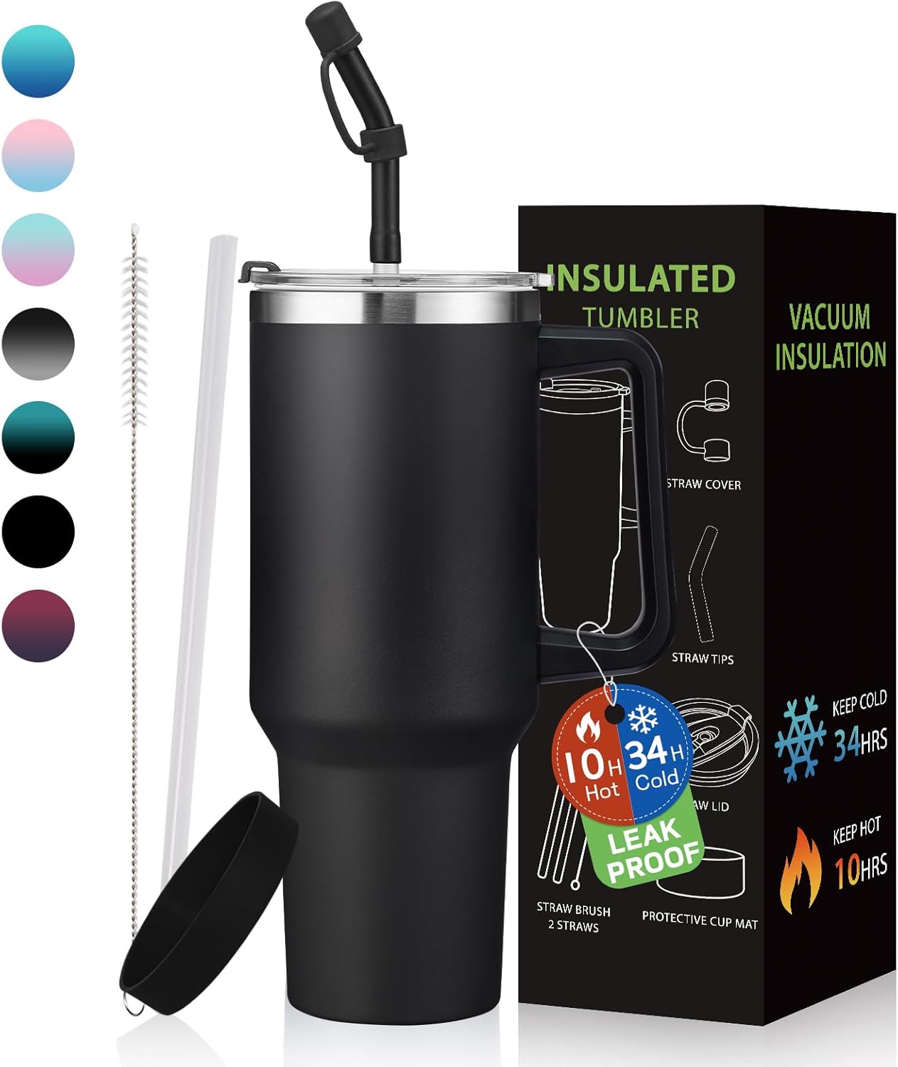 BENZZO 40 oz Tumbler with Handle and Straw Lid Travel Mugs Insulated for Hot and Cold Water Bottle Stainless Steel Coffee Cups