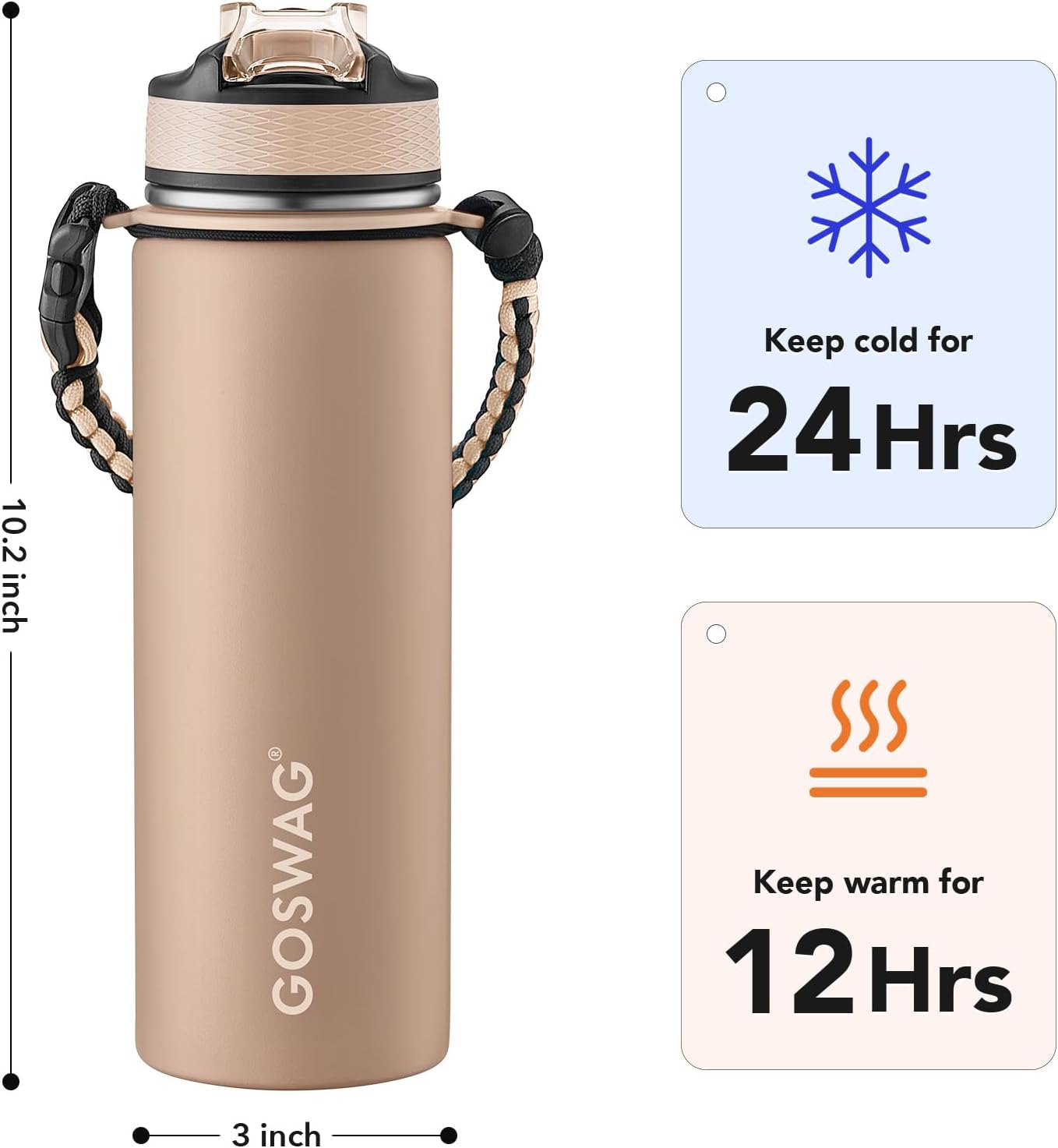 GOSWAG Insulated Sports Water Bottle, 24oz 2 Lids(with Straw/No Straw), Stainless Steel Water Bottles with Paracord Handle, Insulated Bottle with Double-Wall Vacuum Insulation