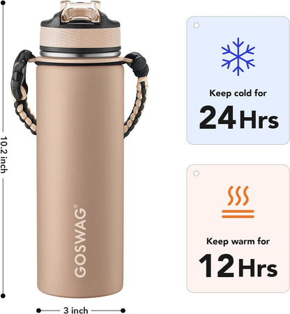 GOSWAG Insulated Sports Water Bottle, 24oz 2 Lids(with Straw/No Straw), Stainless Steel Water Bottles with Paracord Handle, Insulated Bottle with Double-Wall Vacuum Insulation