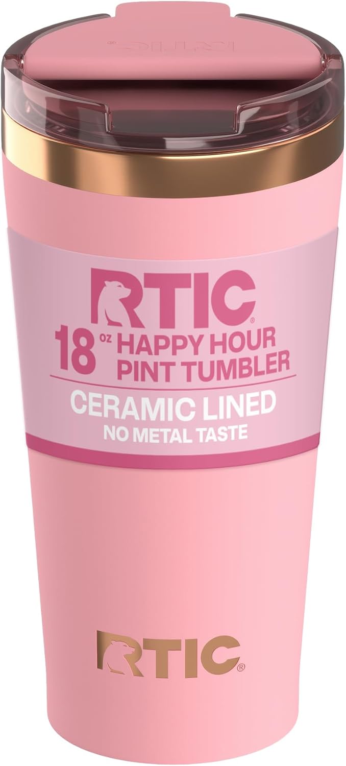 RTIC 18oz Happy Hour Pint Tumbler with Lid, Insulated, Ceramic Lined, Stainless Steel Metal, Portable Travel Cup for Hot and Cold Drink, Black Cherry