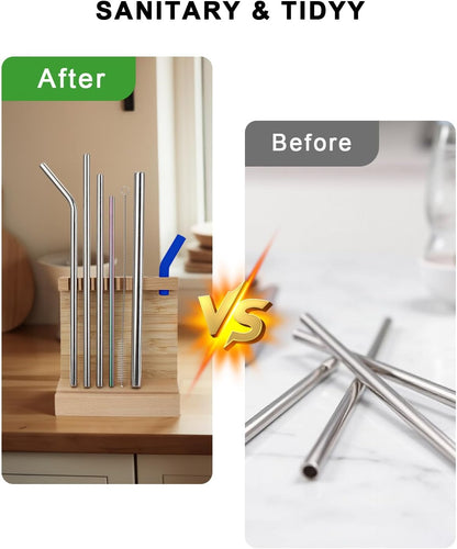 Straw Drying Rack, Drinking Straw Holder, Foldable Bamboo Straw Holder, Space Saving Wooden Straw Holder for Reusable Juice Coffee Drinks Straw Stirrer