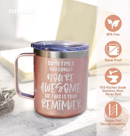 SUNWILL Travel Coffee Mug with Lid, Insulated Tumbler with Handle, 14 oz Stainless Steel Cup for Ice, Water, Tea, Rose Gold