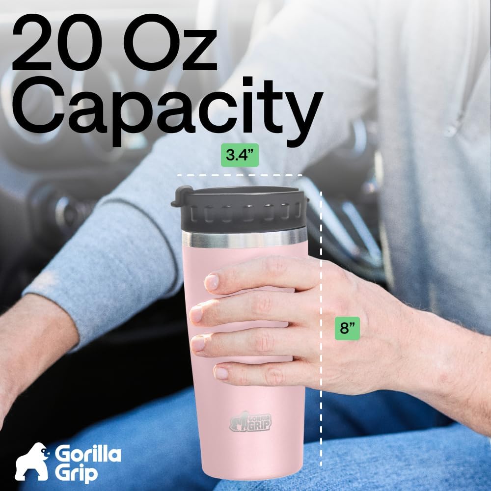 GORILLA GRIP 304 Stainless Steel Double Insulated Travel Coffee Mug, Leakproof Lid with Smooth Sip Top, Prevent Spills, Dent & Rust Resistant Reusable Tumbler Cup, Thermal Mugs for Drinks, 20oz, Black