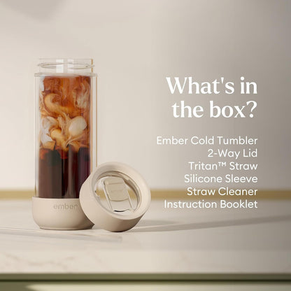 Ember Cold Tumbler 16 oz – Insulated Glass Iced Coffee Cup with Straw & Spill-Proof Lid, Keeps Drinks Cold, Eliminates Condensation, Modern Double-Wall Design, Sandstone