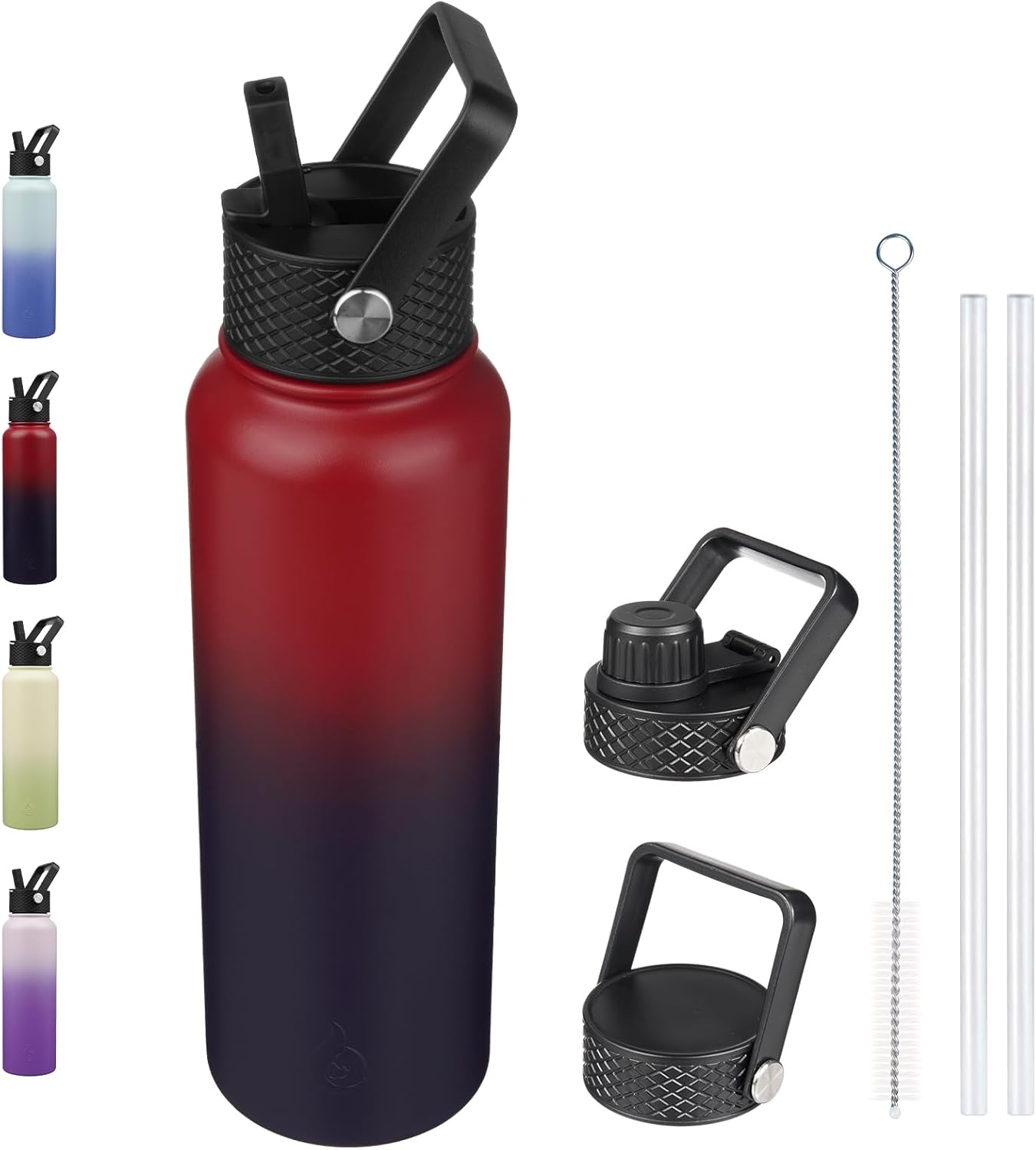 BJPKPK Insulated Water Bottles with Straw Lid, 40oz Stainless Steel Water Bottles with 3 Lids, BPA Free Leakproof Thermo, Tumblers, Cups for Sports, Gym- Midnight - Colors A