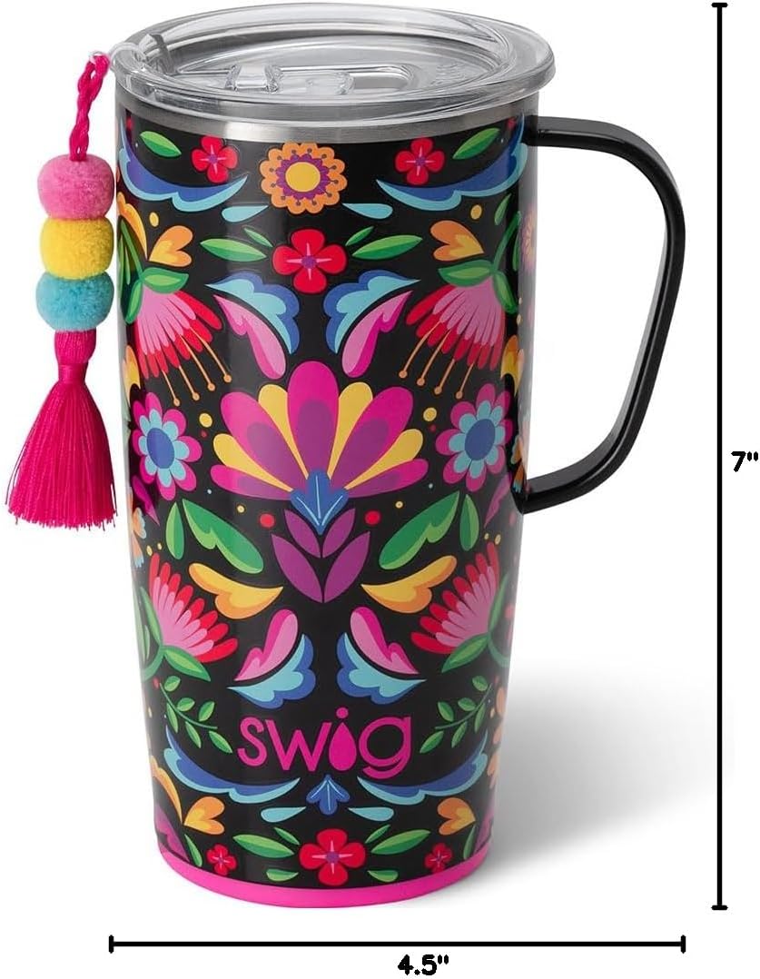 Swig Life 18oz Travel Mug, Insulated Tumbler with Handle and Lid, Cup Holder Friendly, Dishwasher Safe, Stainless Steel, Travel Coffee Cup (Honey Meadow)