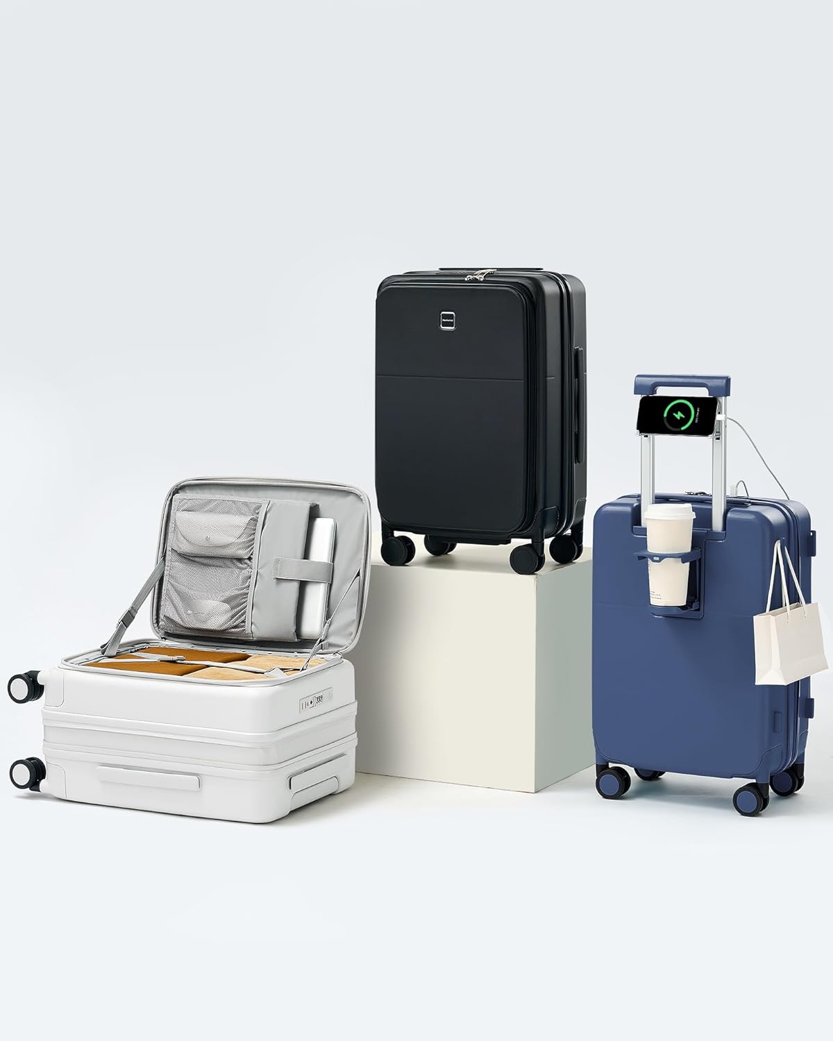 Hanke 20 Inch Expandable Carry On Luggage with Cup Holder 22x14x9 Airline Approved, Top Opening Hard Shell Suitcases with Wheels, Carry-On Travel Suitcase Trunk Luggage with Lock, Smoke White