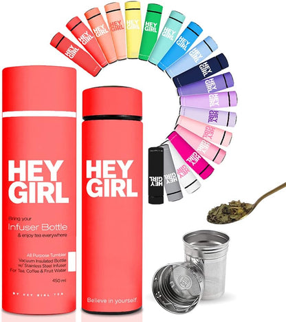 Hey Girl Tea Infuser Bottle 450ml - Insulated Stainless Steel Water Bottle - Tea Tumbler with Tea Diffuser - Portable Travel Mug for Loose Leaf Tea & Infused Water - Tea Lovers Gifts for Women (Pink)
