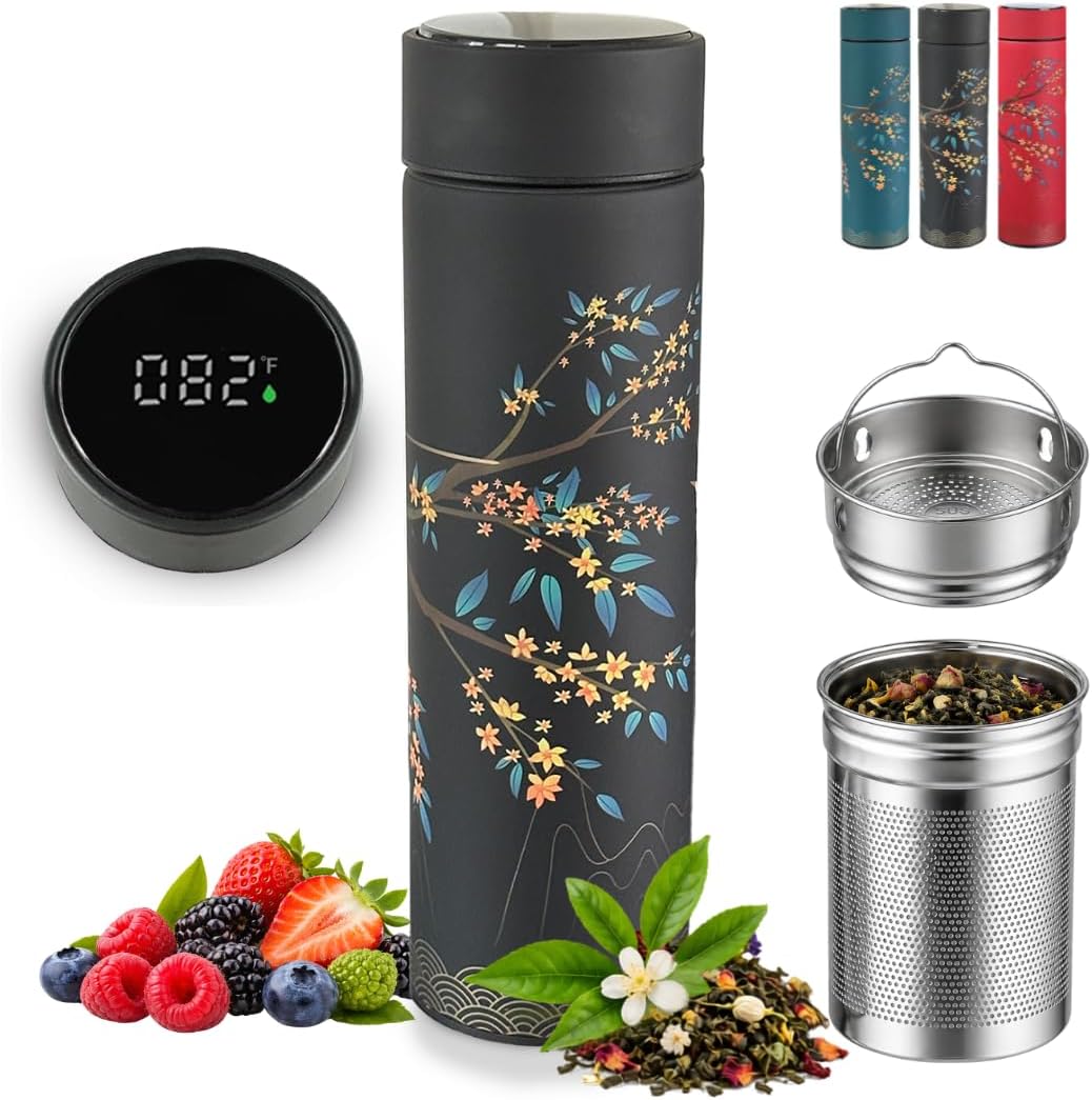 Farasi Tea Infuser for Loose Leaf Tea Smart Water Bottle with Temperature Display, Stainless Steel Insulated Coffee and Fruit Tea Infuser Bottle - Green Floral Travel Tea Mugs 15 oz