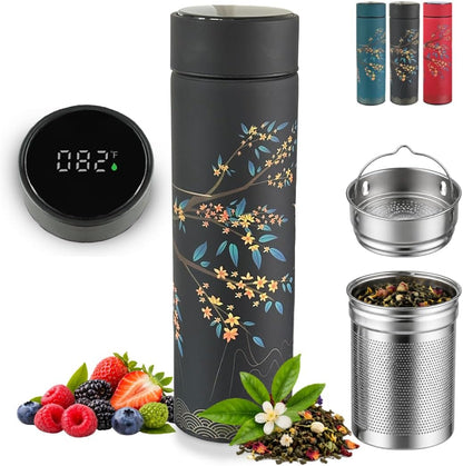 Farasi Tea Infuser for Loose Leaf Tea Smart Water Bottle with Temperature Display, Stainless Steel Insulated Coffee and Fruit Tea Infuser Bottle - Green Floral Travel Tea Mugs 15 oz
