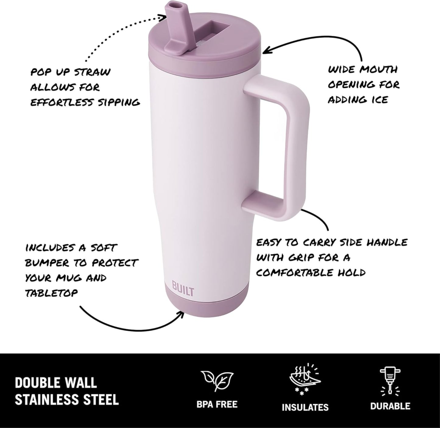 Built 40 oz Cascade Flip Straw Tumbler, Double Wall Insulated Bottle, Gym & Sport Bottles - Stainless Steel & Straw Lid, Leak-Proof, Soft Bumper Base, Portable BPA-Free (Lavender)
