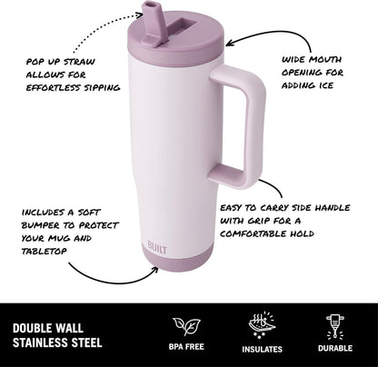Built 40 oz Cascade Flip Straw Tumbler, Double Wall Insulated Bottle, Gym & Sport Bottles - Stainless Steel & Straw Lid, Leak-Proof, Soft Bumper Base, Portable BPA-Free (Lavender)
