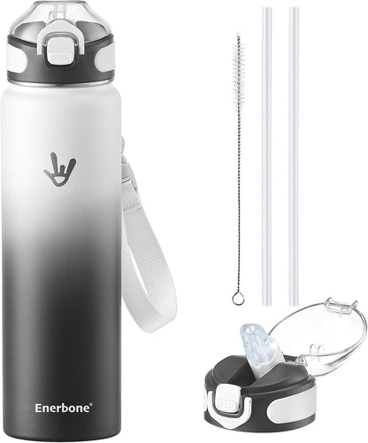 Enerbone 24 oz Insulated Water Bottle, Stainless Steel Bottle with Carrying Strap, Double-Wall Vacuum Insulation Design, Leakproof Sports Bottle with Straw, Keep Drinks Cold or Hot for Hours