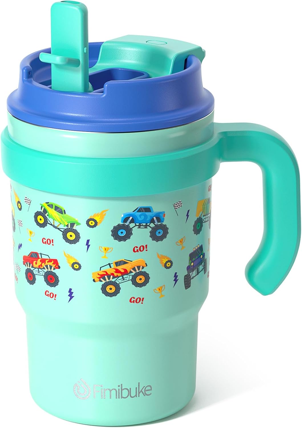 Fimibuke 16oz Kids Insulated Tumbler with Handle & Straws - 2 Pack BPA FREE 18/8 Stainless Steel Toddler Cups with Sip/Swig 2-in-1 Lids, Leak Proof Kid Drinking Cup Travel Mugs for Children Boys Girls