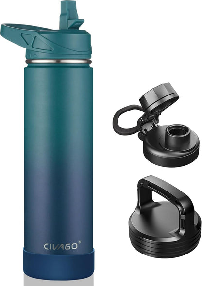CIVAGO 32 oz Insulated Water Bottle With Straw, Stainless Steel Sports Water Cup Flask with 3 Lids (Straw, Spout and Handle Lid), Wide Mouth Travel Thermal Mug, Black