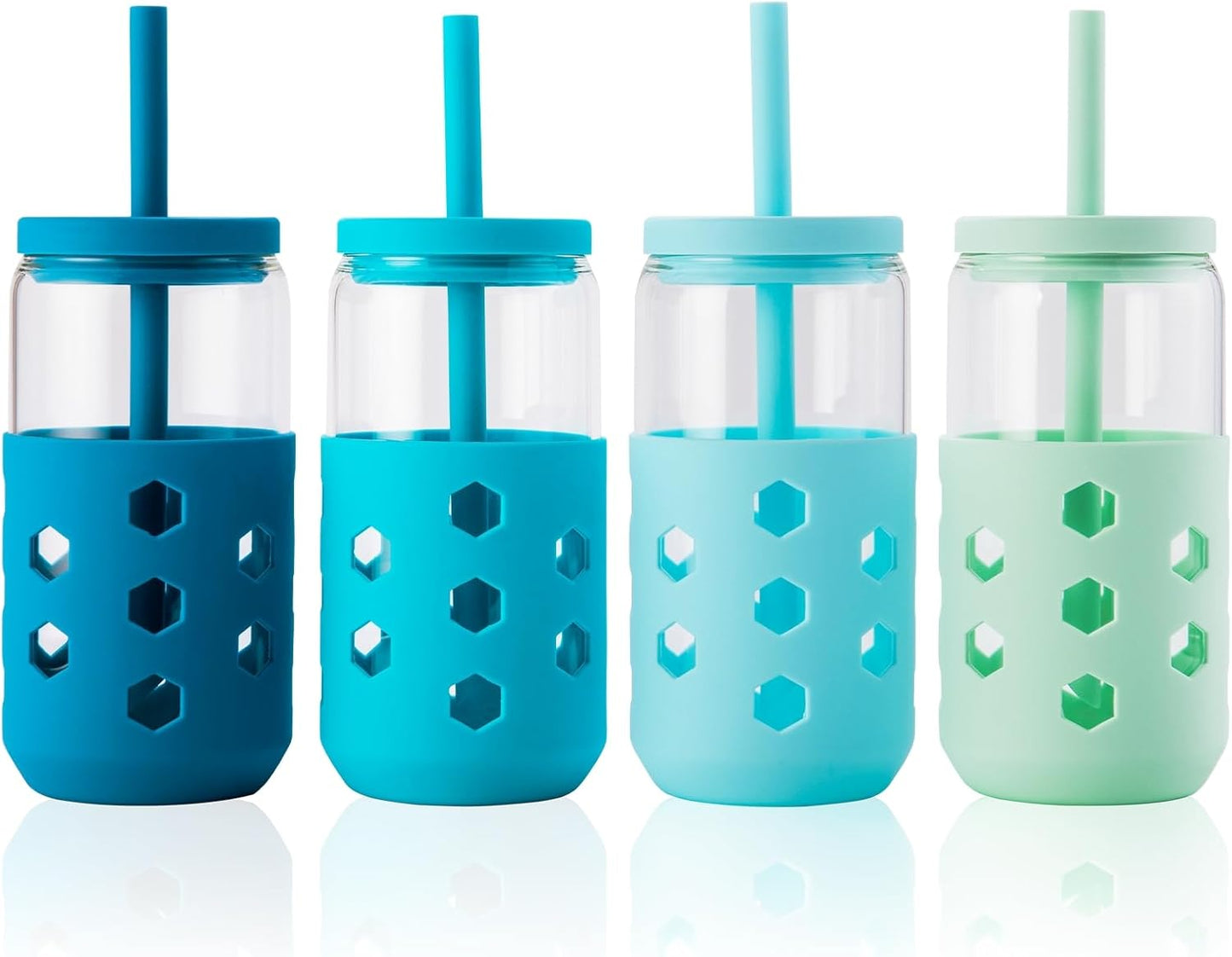 Mrsdry Glass Cups with Lids and Straws (4 Pcs), 16oz Drinking Glasses Set with Silicone Sleeves for Coffee Bar Accessories Iced Coffee Cups with Lids, Glass Tumbler Reusable for Gifts