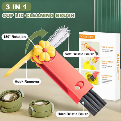 3 in 1 Cup Lid Cleaning Brush, Portable Cup Cleaner Brush, New Water Bottle Lid Cleaner Brush, Multifunctional Cleaning Brush - Home Kitchen Cleaning Tools for Tight Spaces & Bottle Gaps, 3 PCS