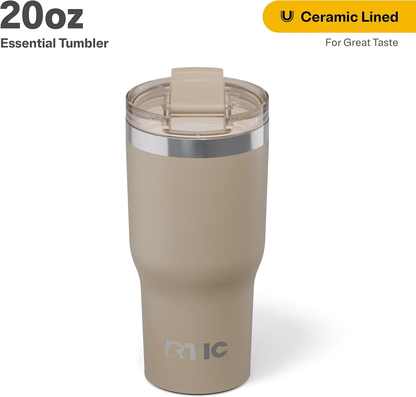 RTIC 20oz Essential Tumbler with Lid, Ceramic Lined, Insulated, Stainless Steel, Metal, Double Wall Vacuum-Insulation, Travel Cup for Iced Coffee, Tea, Hot and Cold Drink, Graphite